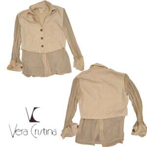 Vest Shirt Combo 100% Silk Sheer Blouse Attached Button Vest Cream Size S /XS